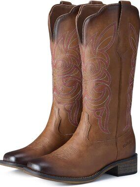 Women's Dark Brown Square Toe Mid Calf Western Cowgirl Boots with Chunky Heel